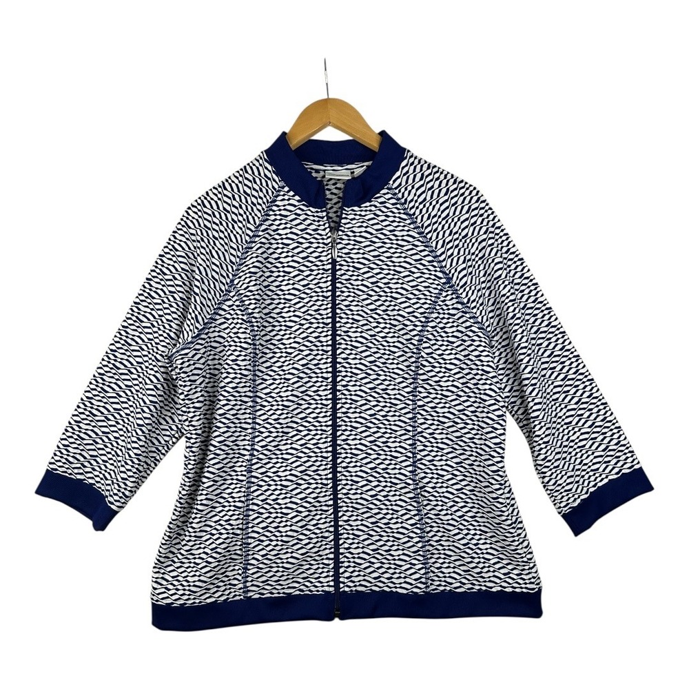 Chico's Weekends Textured Geometric Print Jacket size‎ 2 Large Blue/White